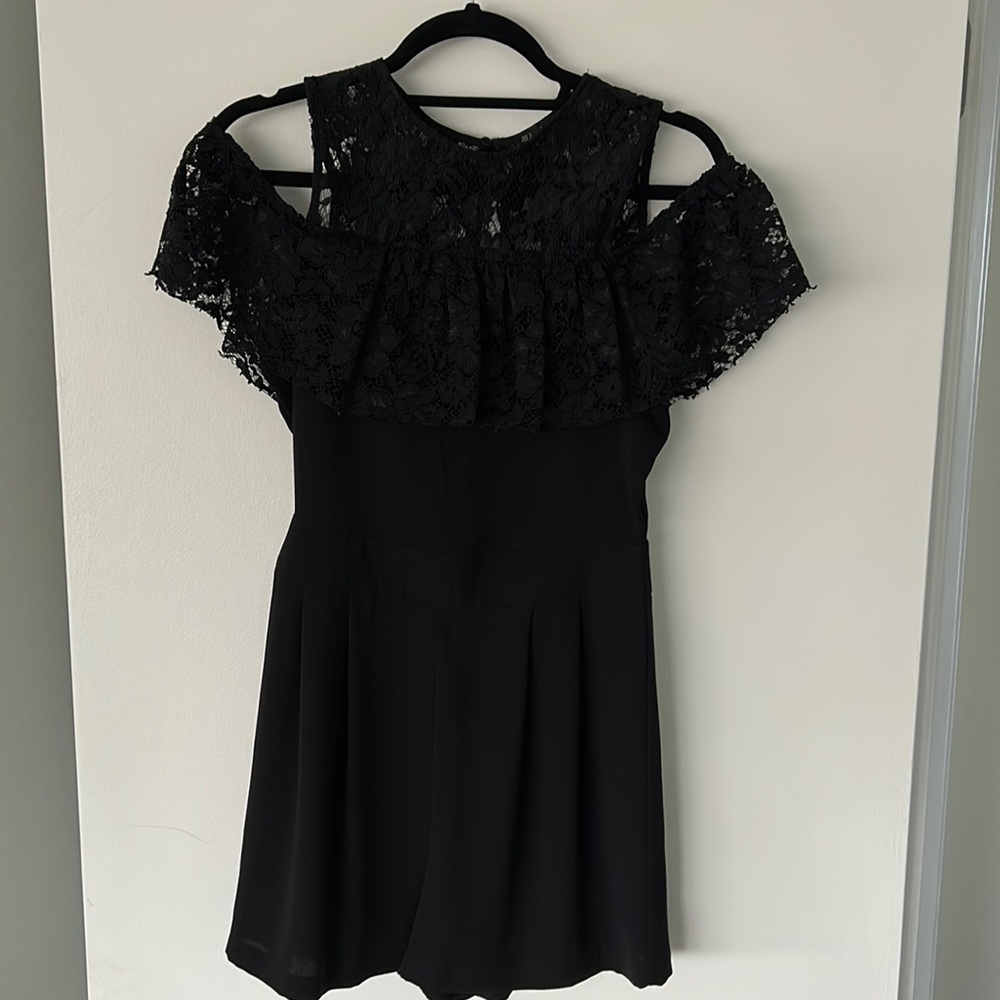 Zara cold shoulder, black romper with lace bodice & ruffle, size S